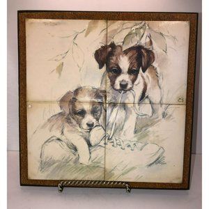 Tiles Wood Plaque Art Print Two Puppies Playing Shoelaces by Paul Whitney Hunter